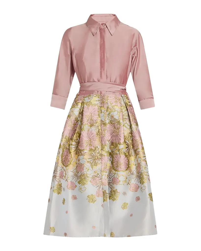 Rickie Freeman for Teri Jon Pleated Floral Jacquard Midi Shirtdress