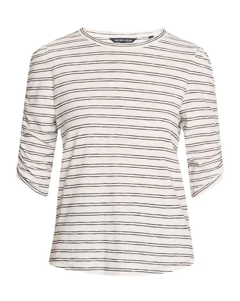 Veronica Beard Waldorf Stripe Ruched-Sleeve Tee