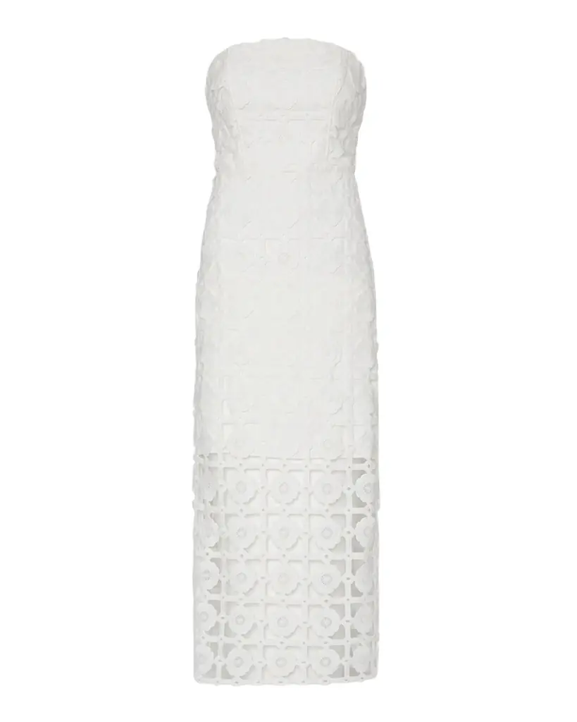 Milly Kait Strapless Tile Lace Midi Dress