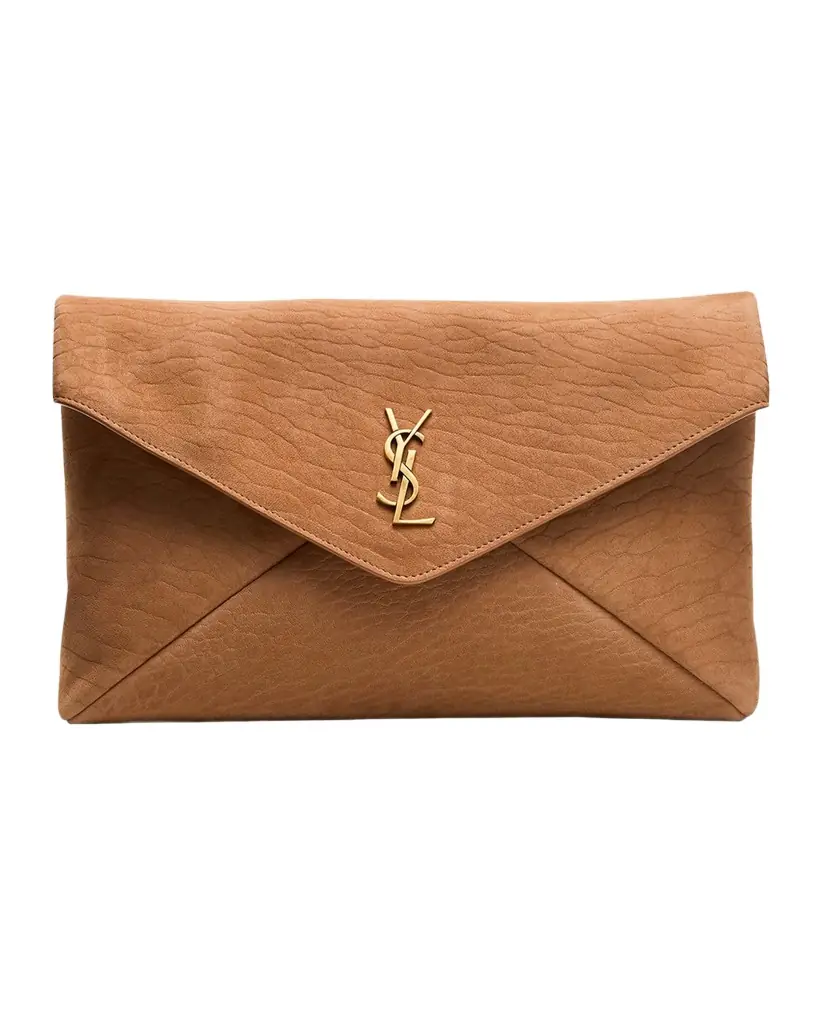 Saint Laurent Large YSL Envelope Pouch Clutch Bag in Pebbled Leather