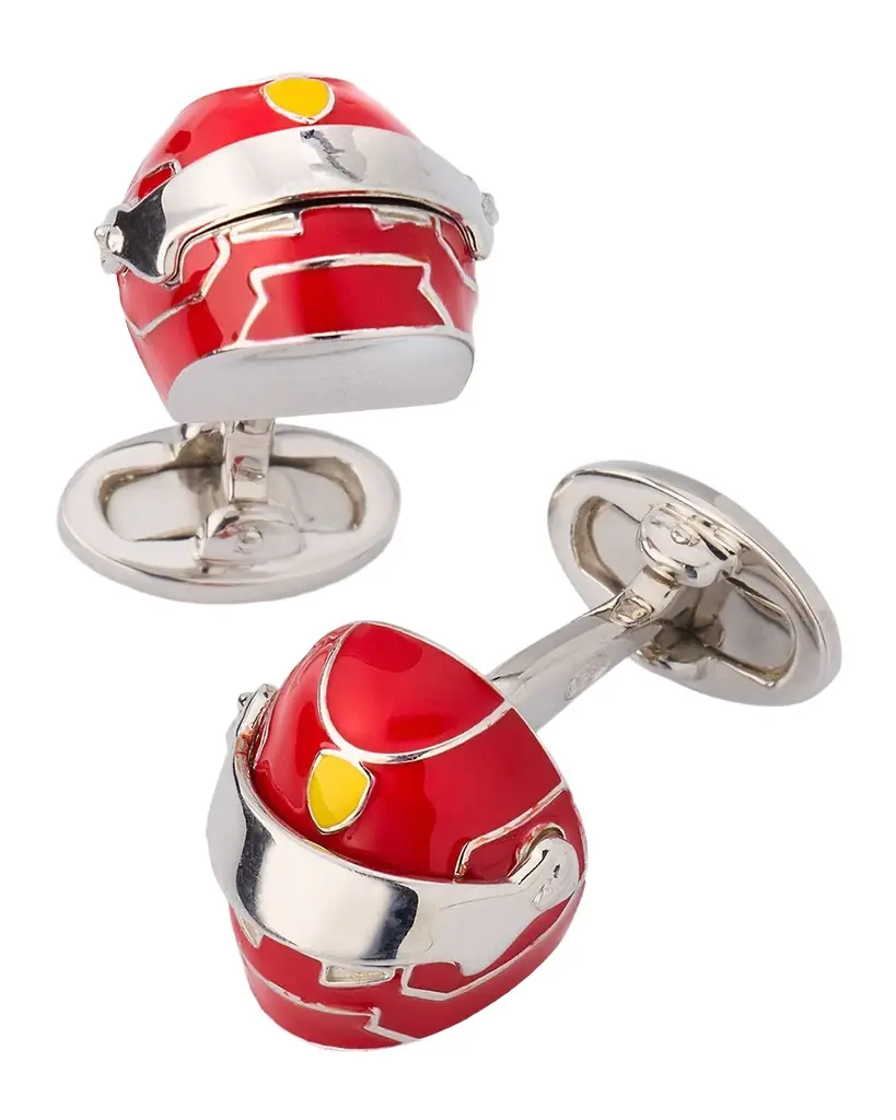 Jan Leslie Men 's Race Car Helmet Enamel and Sterling Silver Cufflinks