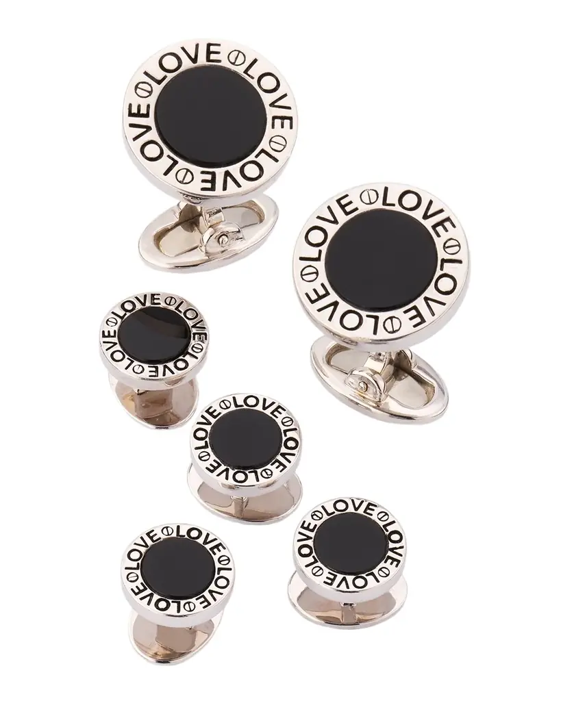 Jan Leslie Men 's Black Onyx Love Sterling Silver Cufflink and Stud Set