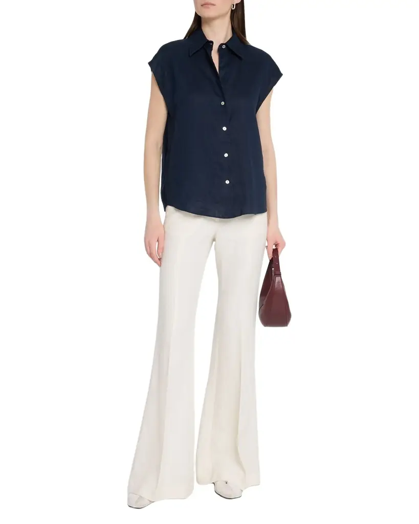 Vince Cap-Sleeve Linen Button-Front Blouse