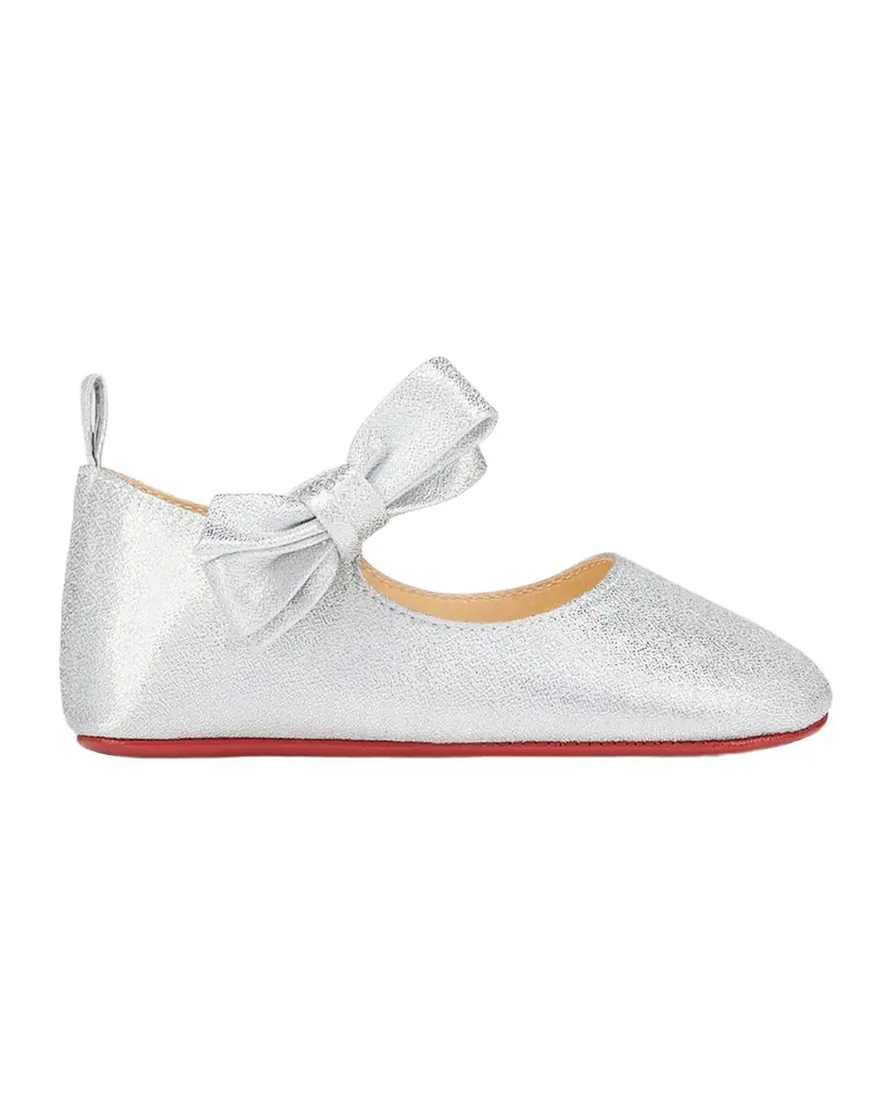 Christian Louboutin Girl 's Lou Babe Shimmer Bow Ballerina Shoes, Baby