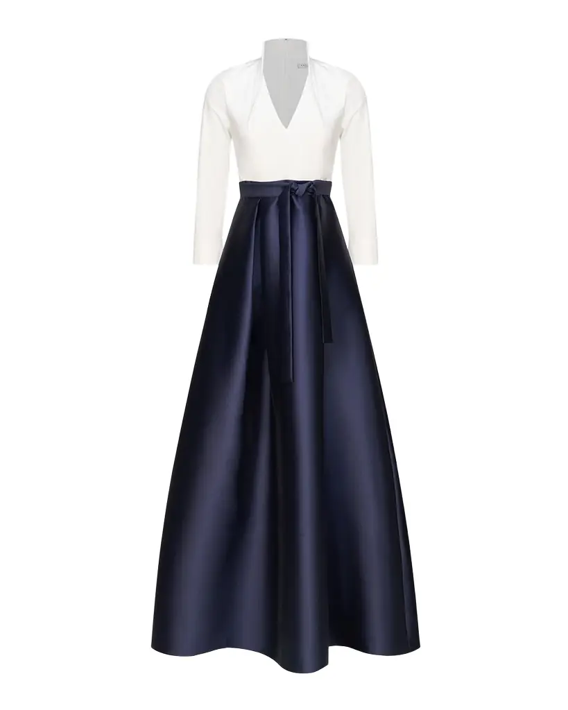 Kay Unger New York Phoebe 3/4-Sleeve Collared Poplin A-Line Gown