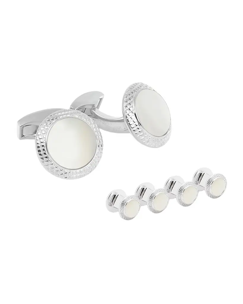 Tateossian Men 's Bullseye Cufflink and Stud Set with Mother of Pearl
