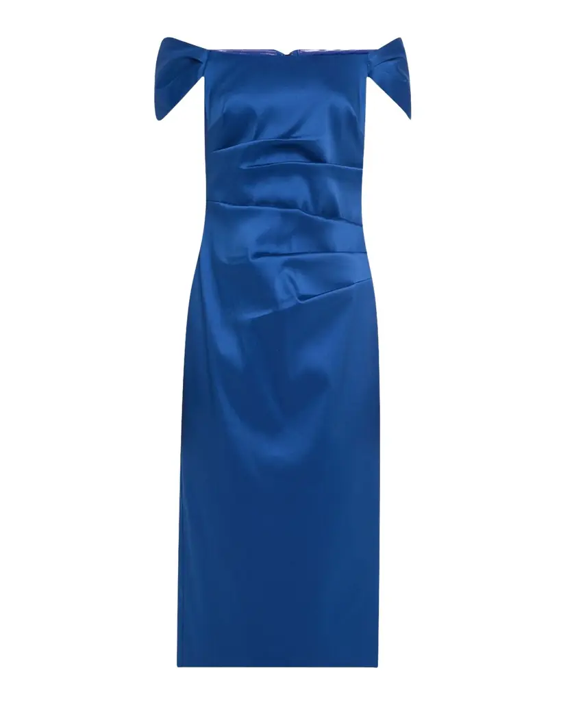 Aidan Mattox Pleated Off-Shoulder Mikado Midi Dress