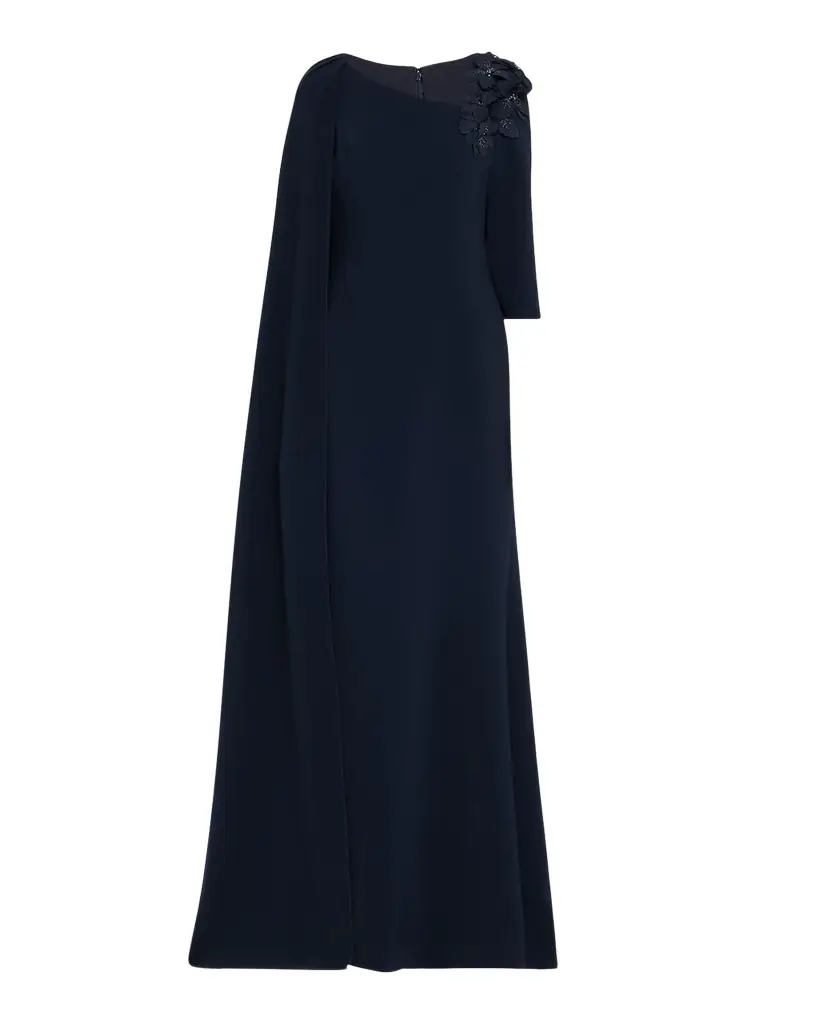 Rickie Freeman for Teri Jon Cape-Sleeve Floral Applique Trumpet Gown