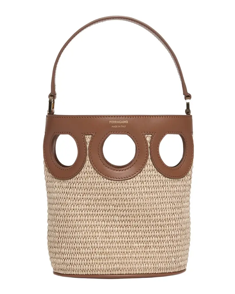 Ferragamo Gancini Frame Raffia Bucket Bag