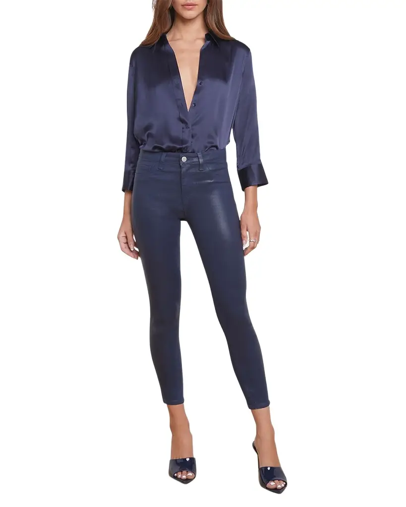 L 'Agence Dani Silk Satin 3/4-Sleeve Button-Down Blouse