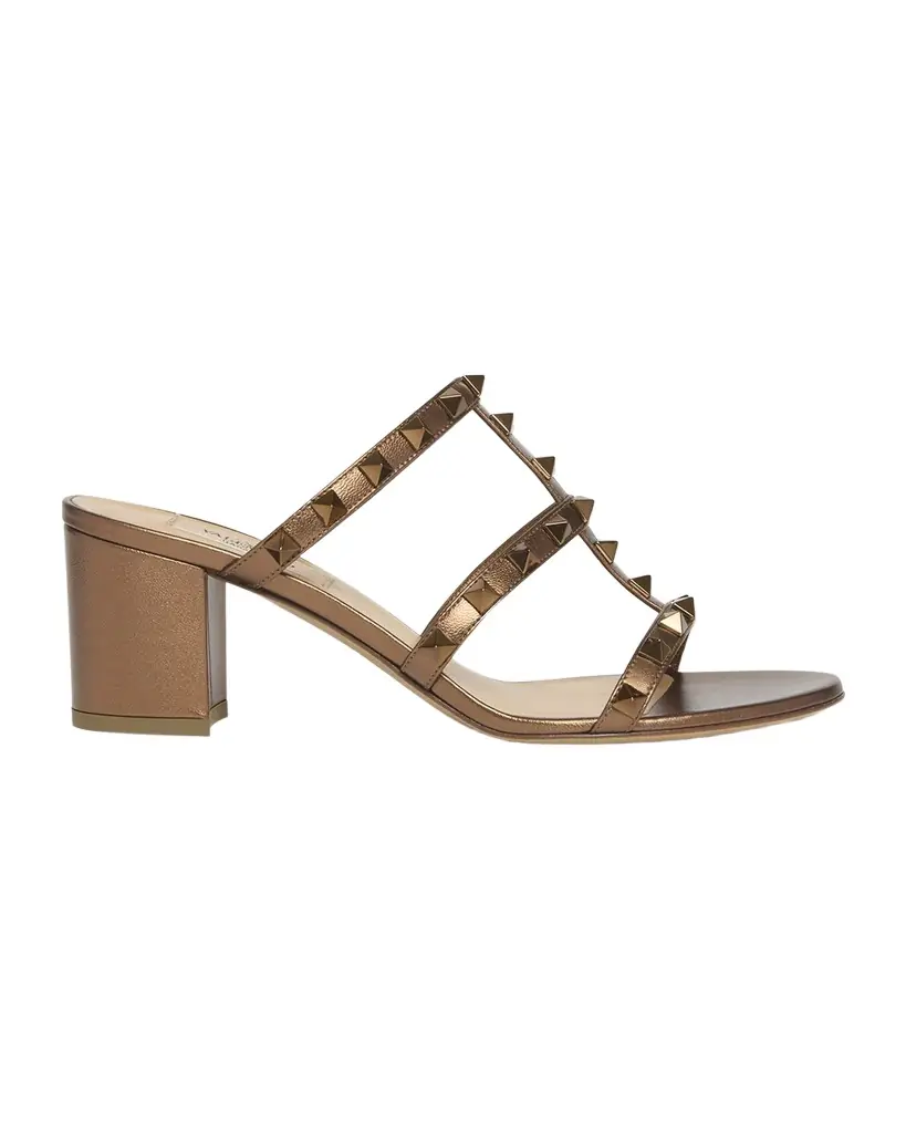 Valentino Garavani Rockstud Caged Metallic Leather Slide Sandals