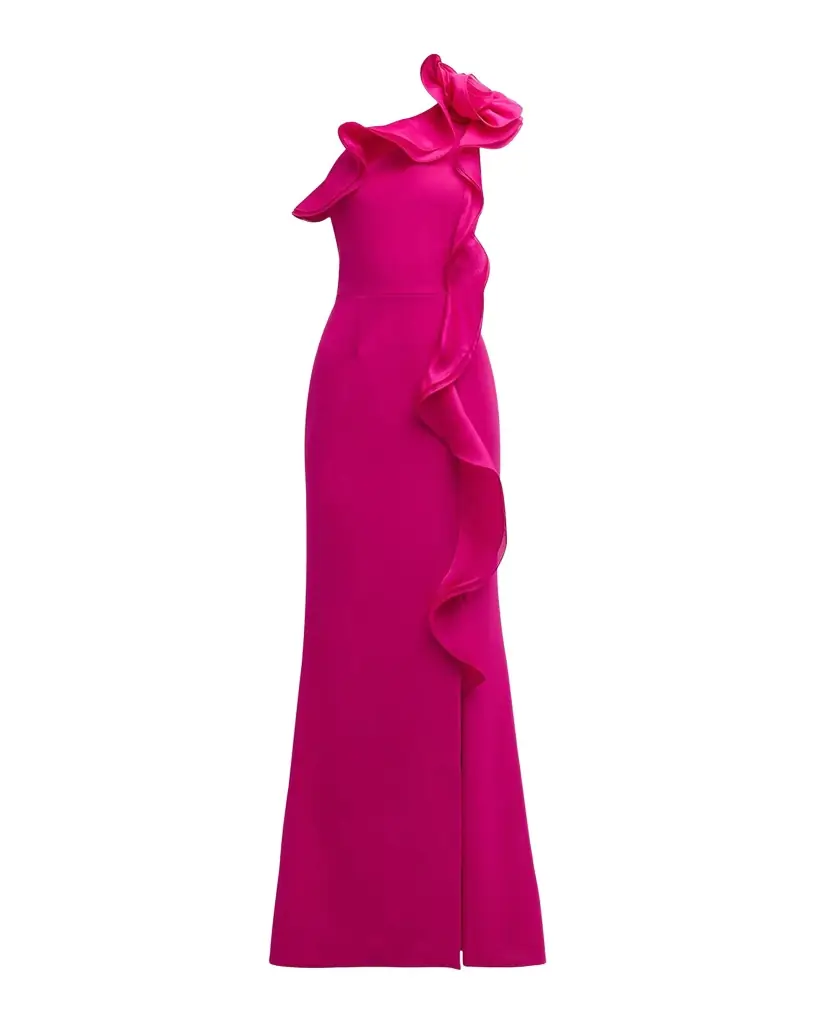 Rickie Freeman for Teri Jon One-Shoulder Ruffle Column Gown