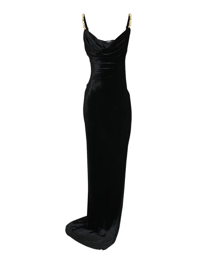 Balmain Button Cowl-Neck Velvet Slit Maxi Dress