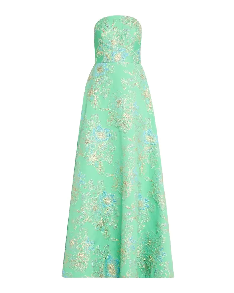 Rickie Freeman for Teri Jon Strapless Metallic Floral Jacquard Gown