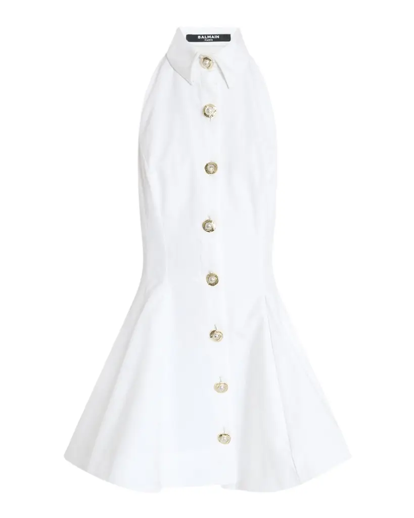 Balmain Halter Popeline Fit-&-Flare Mini Shirtdress