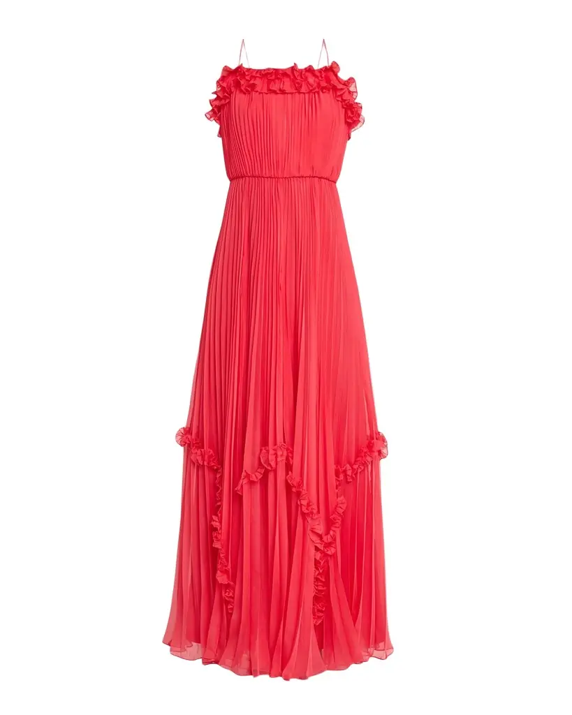 BCBGMAXAZRIA Sleeveless Pleated Ruffle-Trim Gown
