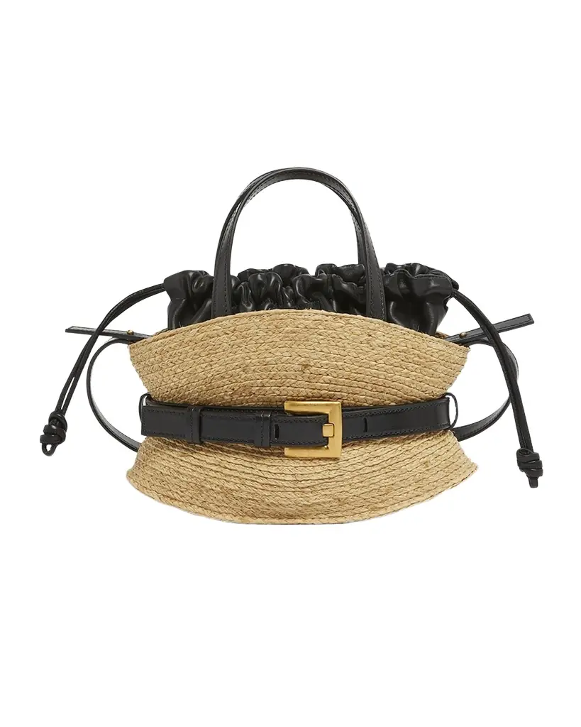 Balmain Shuffle Mini Top-Handle Bag in Raffia and Calfskin