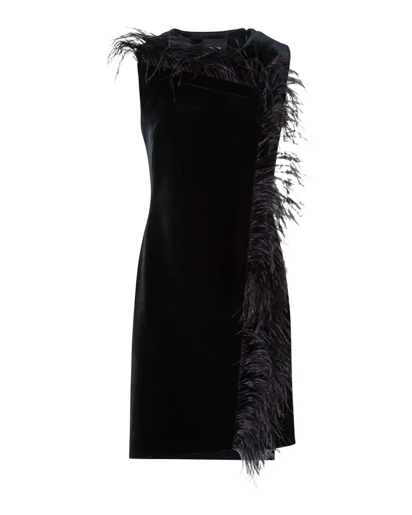 Akris Neoprene Velvet Feather-Trim Asymmetric Mini Dress