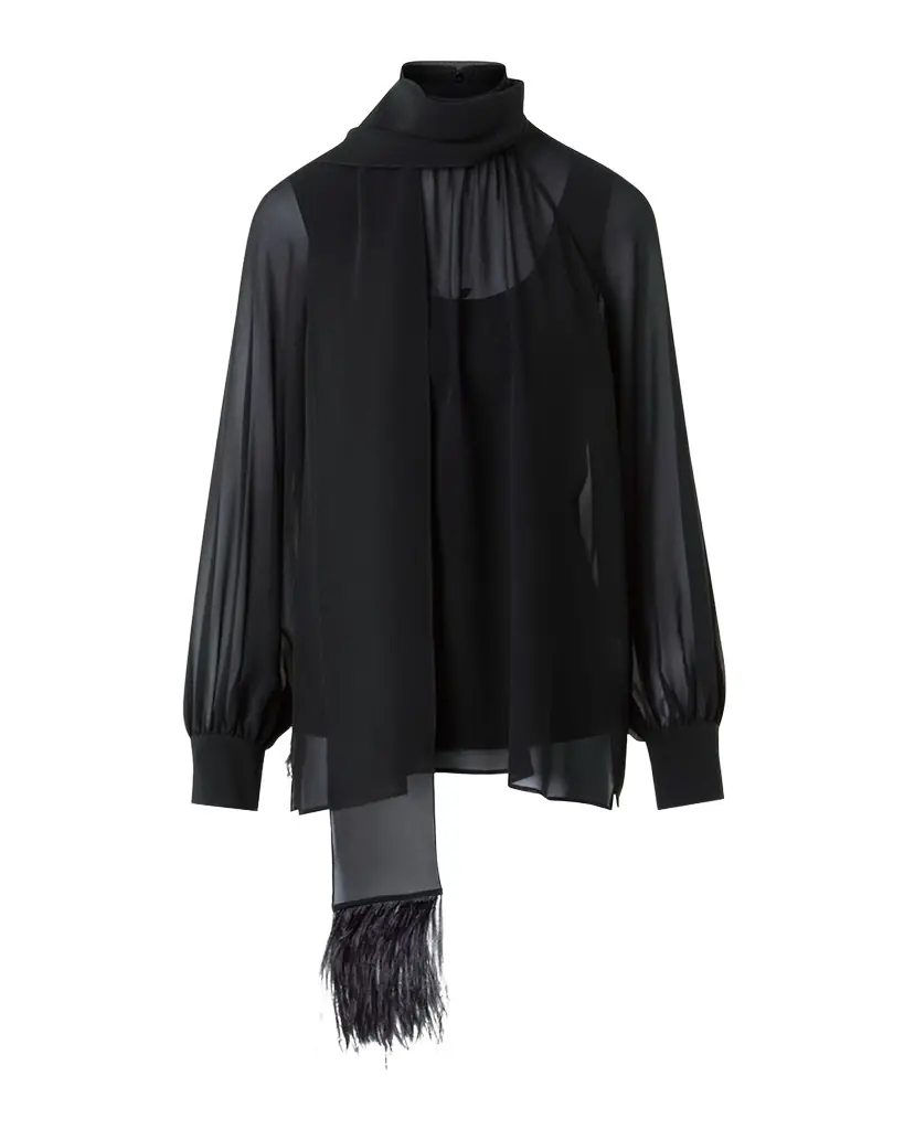 Akris Feather-Trim Scarf Silk Georgette Blouse
