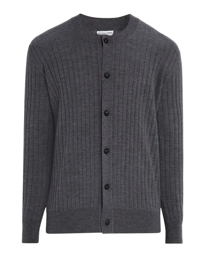 Bottega Veneta Men 's Ribbed Wool Cardigan with Leather Buttons