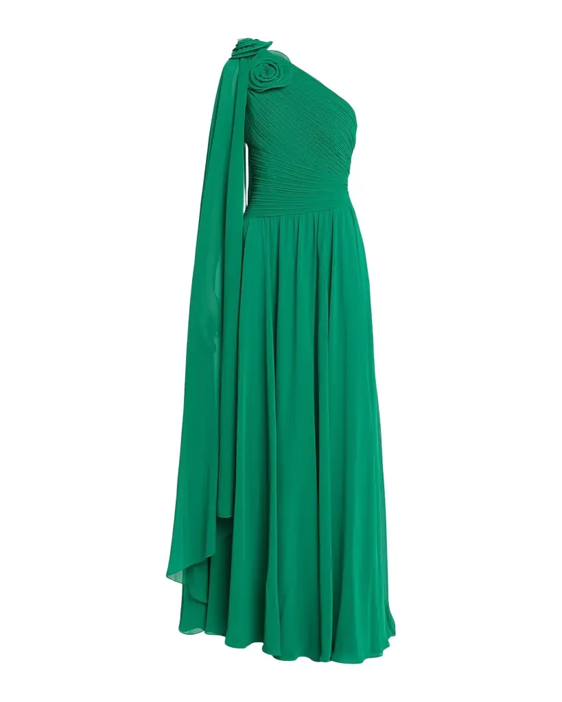 Rickie Freeman for Teri Jon Pleated Cape-Sleeve Chiffon Gown