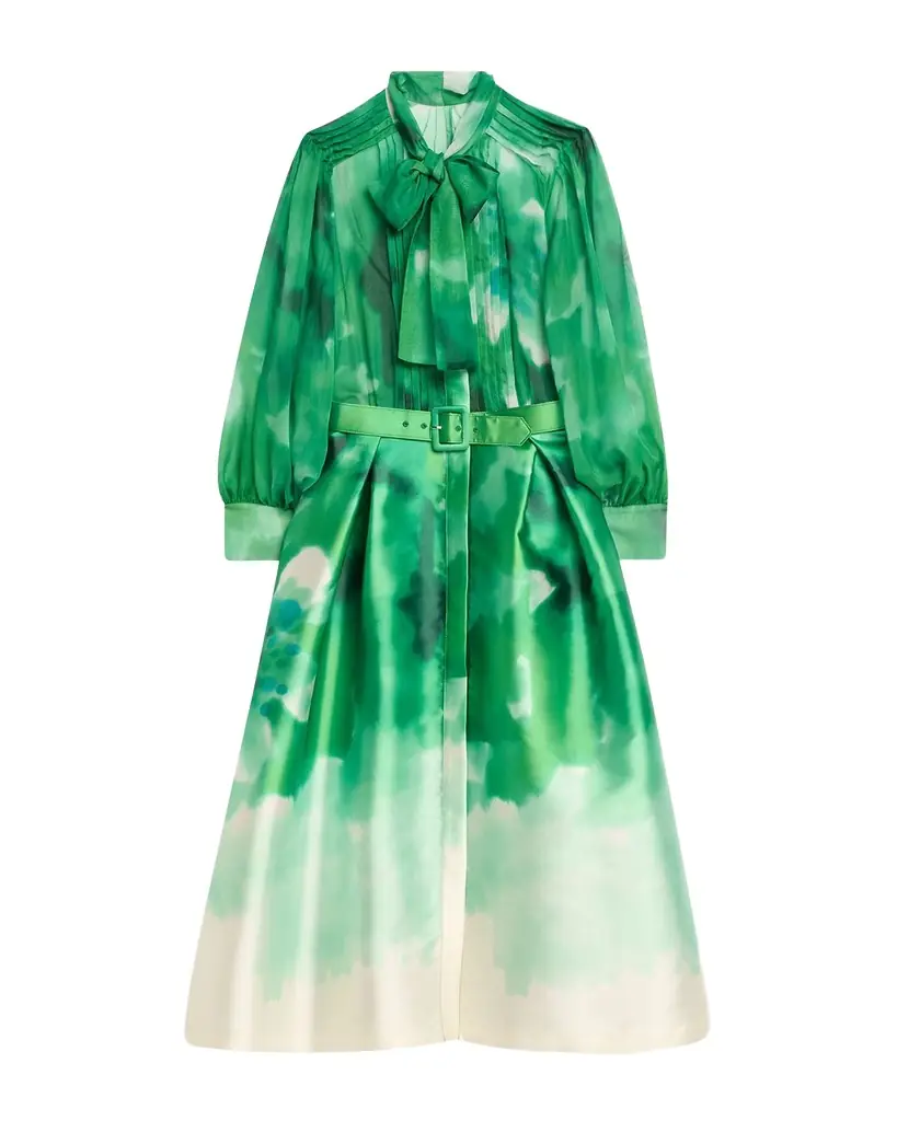 Rickie Freeman for Teri Jon Pleated Tie-Neck Mixed Media Midi Shirtdress