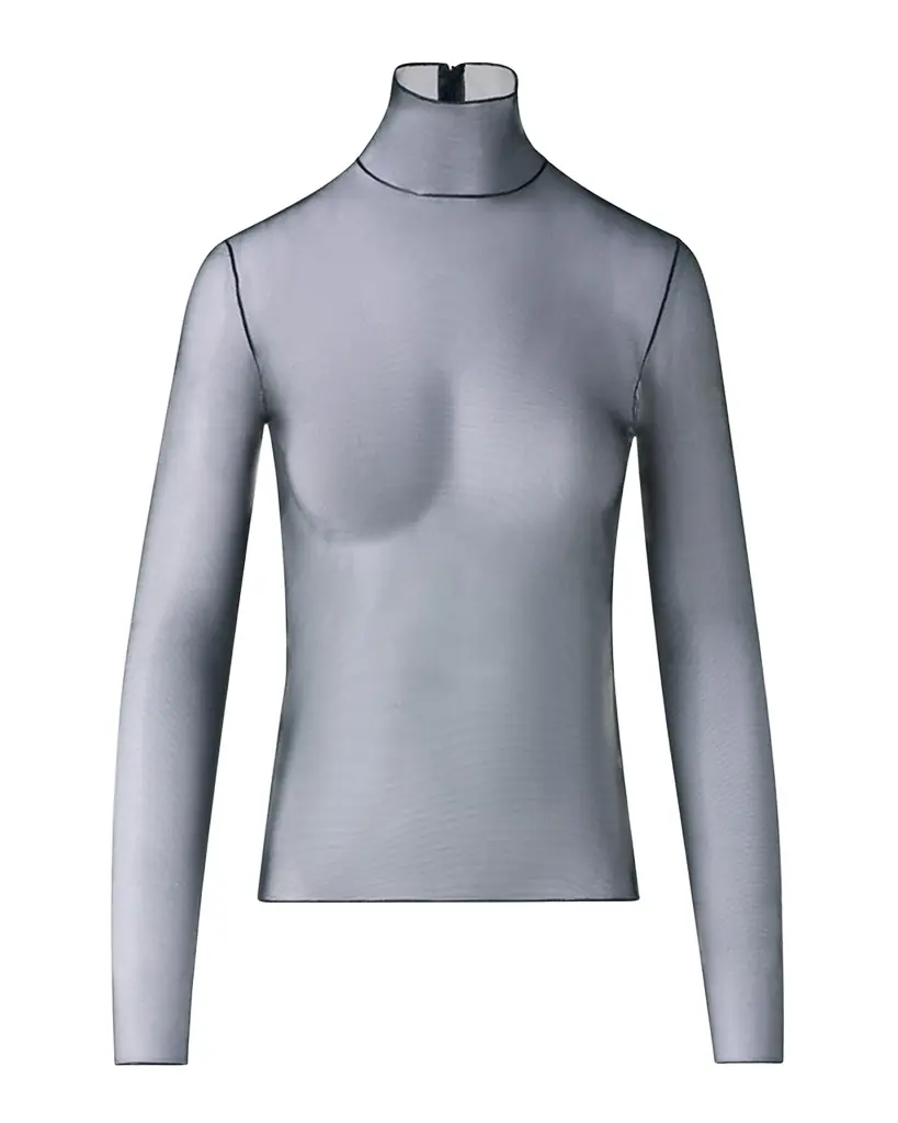 Akris Mock-Neck Stretch Tulle Fitted Long-Sleeve Shirt