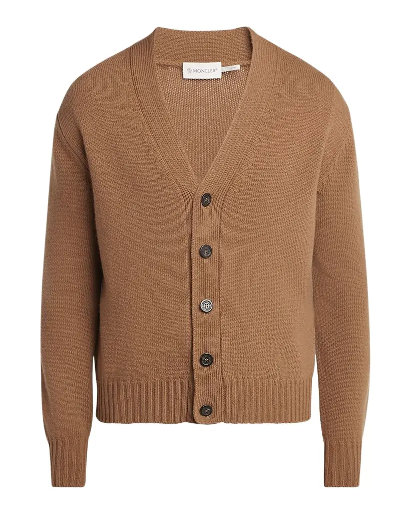 Moncler Men 's Leather Logo Wool Knit Cardigan