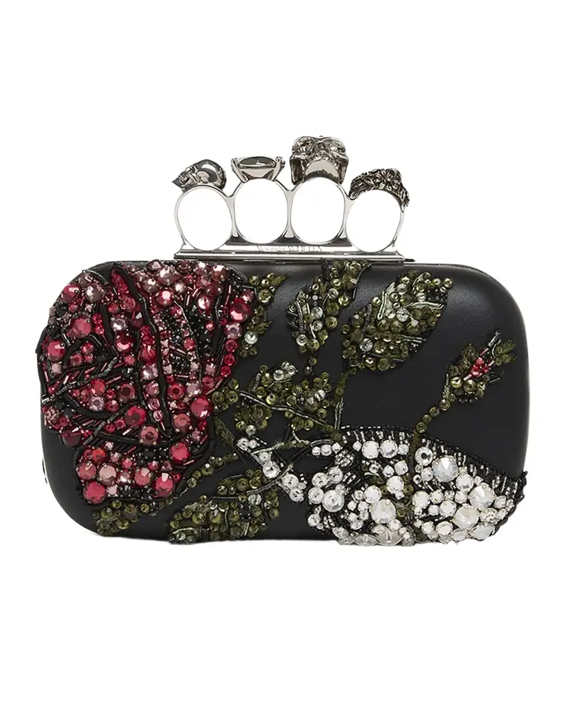 McQueen Bead & Crystal Flower Skull Four Ring Clutch Bag