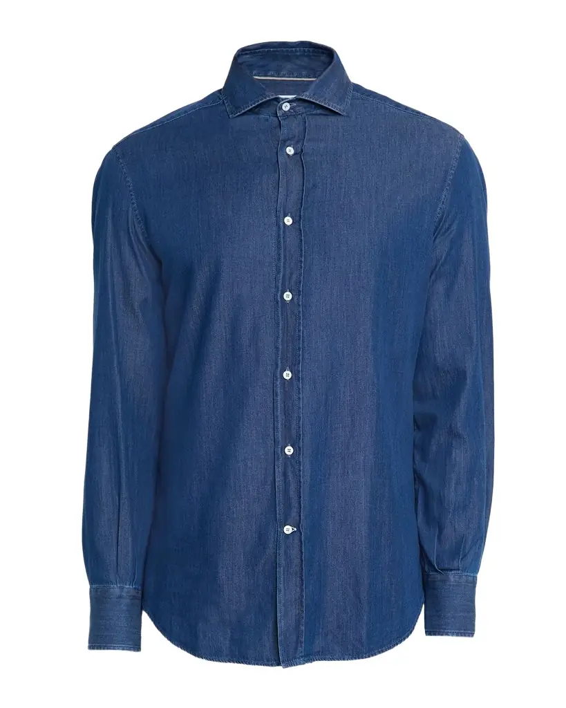 Brunello Cucinelli Men 's Denim Spread Collar Button-Down Shirt