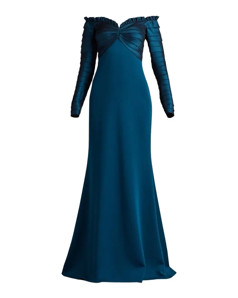 Tadashi Shoji Off-Shoulder Pleated Taffeta and Crepe Gown
