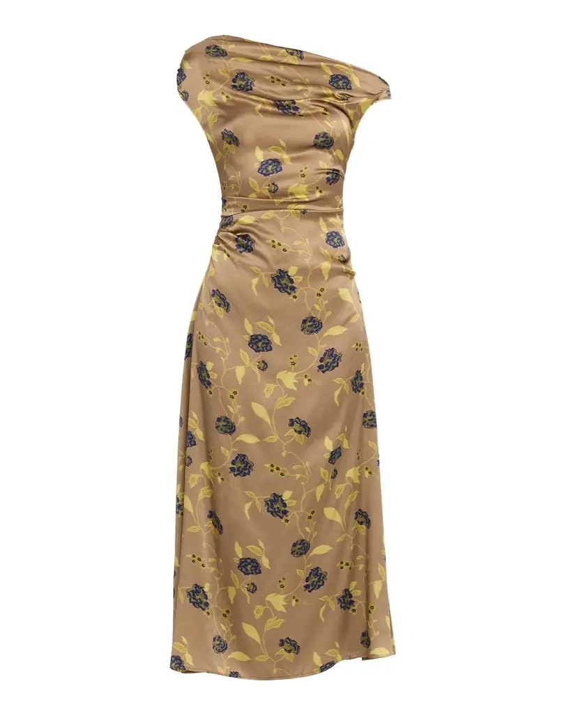 STAUD Phare Asymmetric Floral Silk Midi Dress