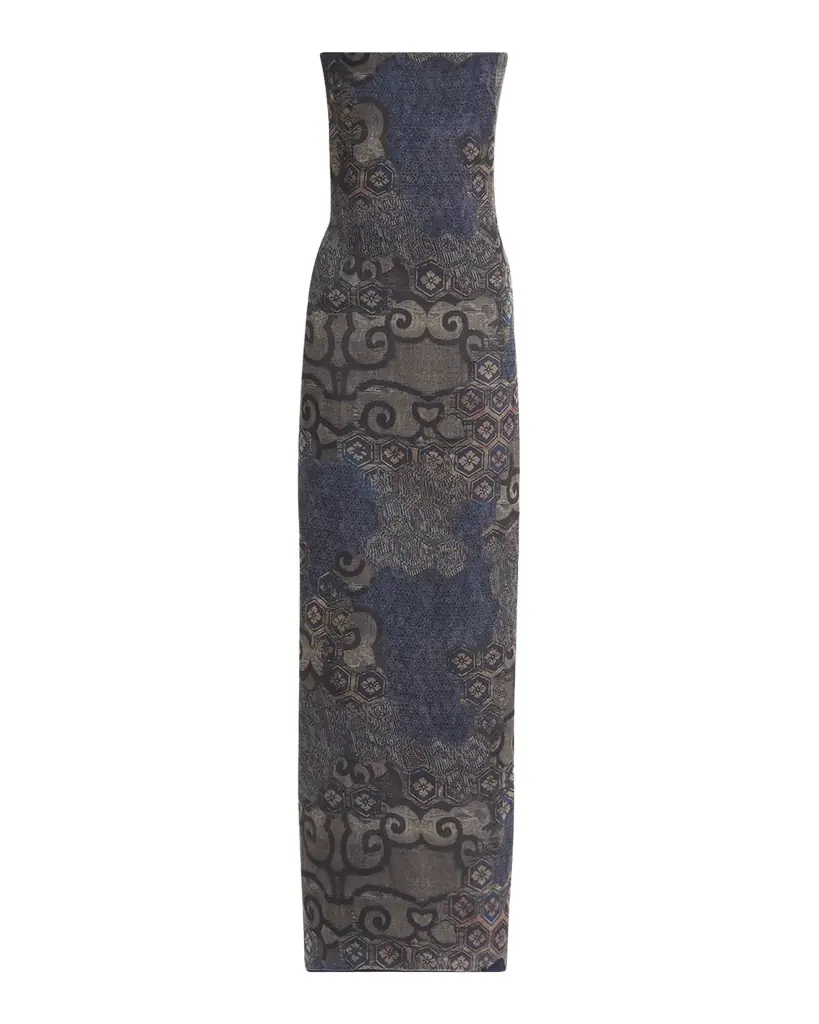 Giorgio Armani Strapless Tile-Print Silk Gown