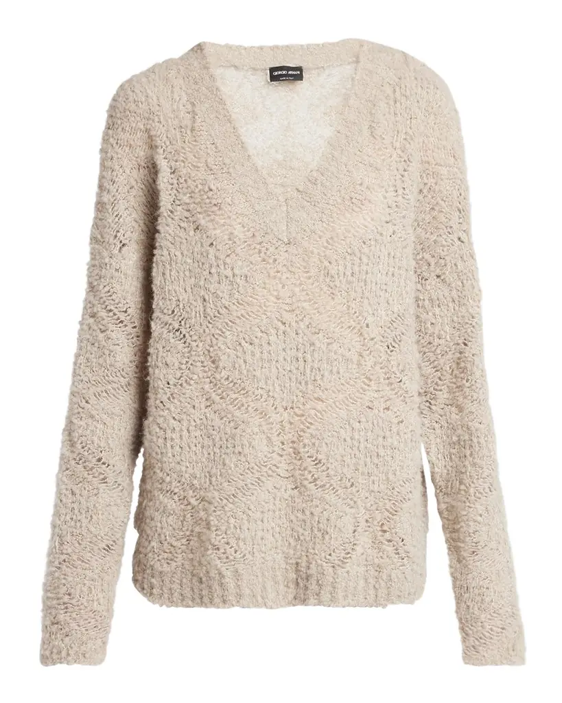 Giorgio Armani V-Neck Wool Cashmere Open-Knit Sweater