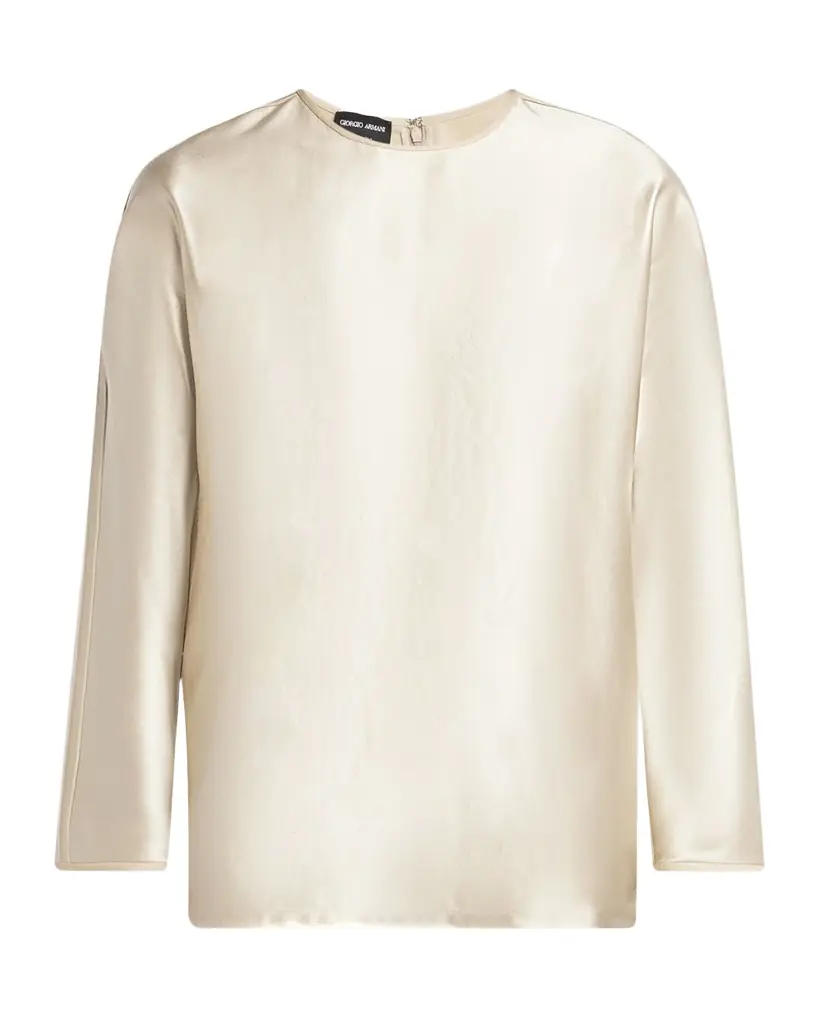 Giorgio Armani Tonal Piping Long-Sleeve Silk Blouse