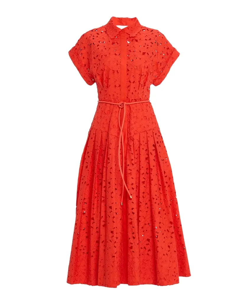 REBECCA VALLANCE Blaire Pleated Floral Lace Midi Shirtdress