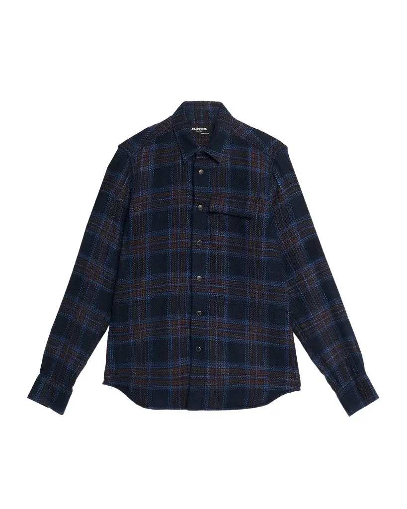 Kiton Men 's Wool-Blend Plaid Snap-Front Overshirt
