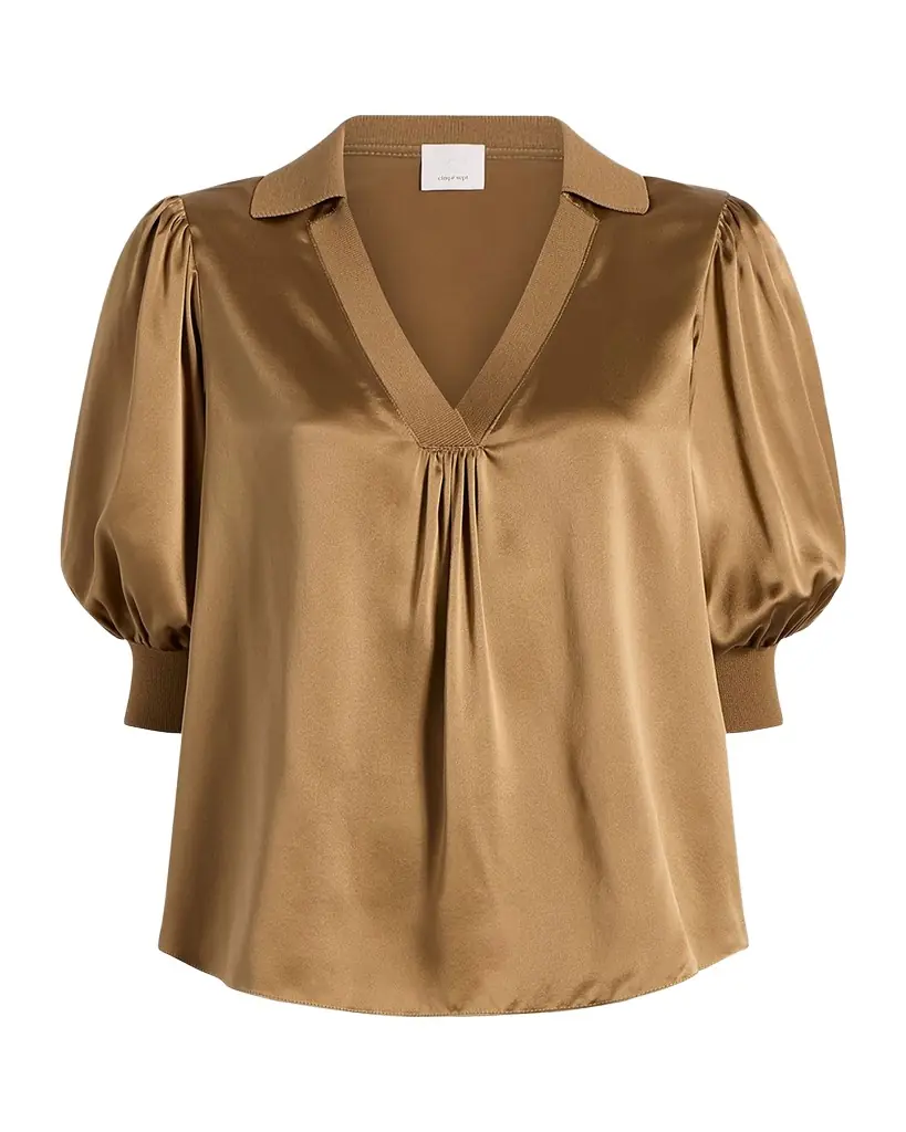 Cinq a Sept Weldon Collared V-Neck Short-Sleeve Silk Combo Top