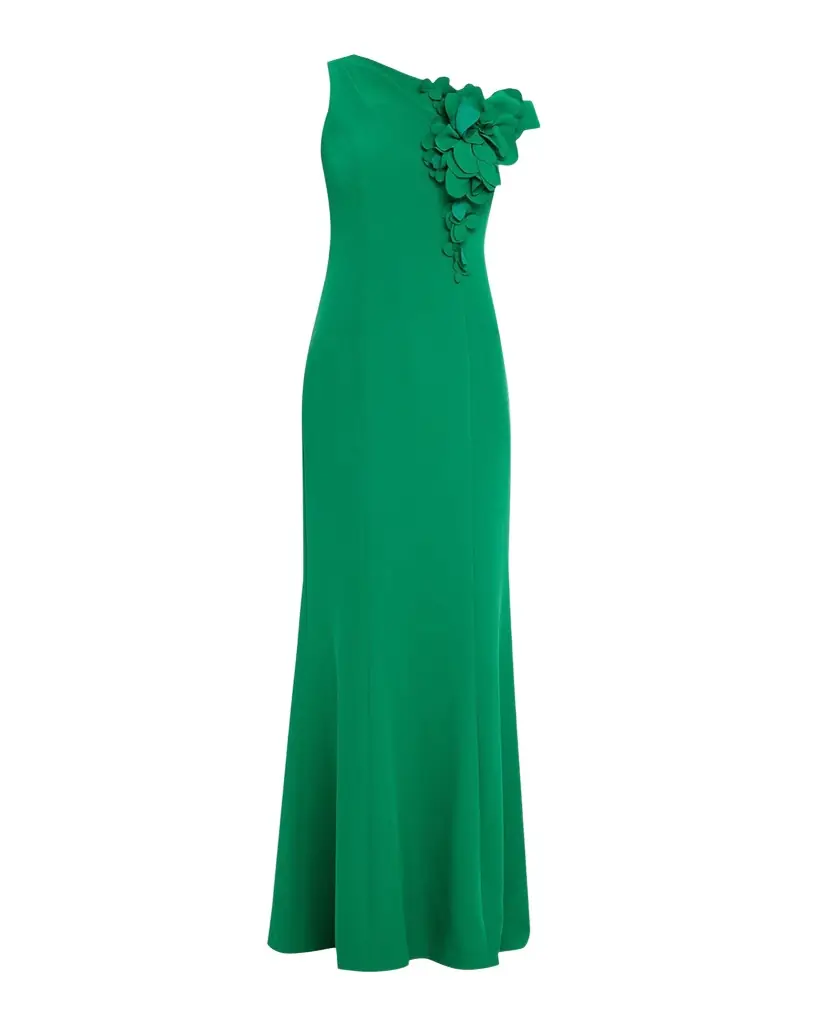 Rickie Freeman for Teri Jon One-Shoulder Floral Applique Stretch Crepe Gown