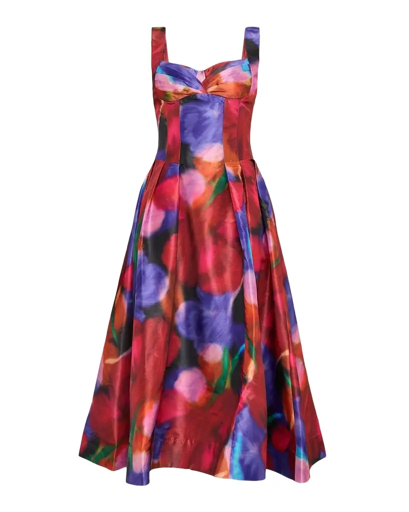 REBECCA VALLANCE Cabaret Roses Pleated Sweetheart Midi Dress