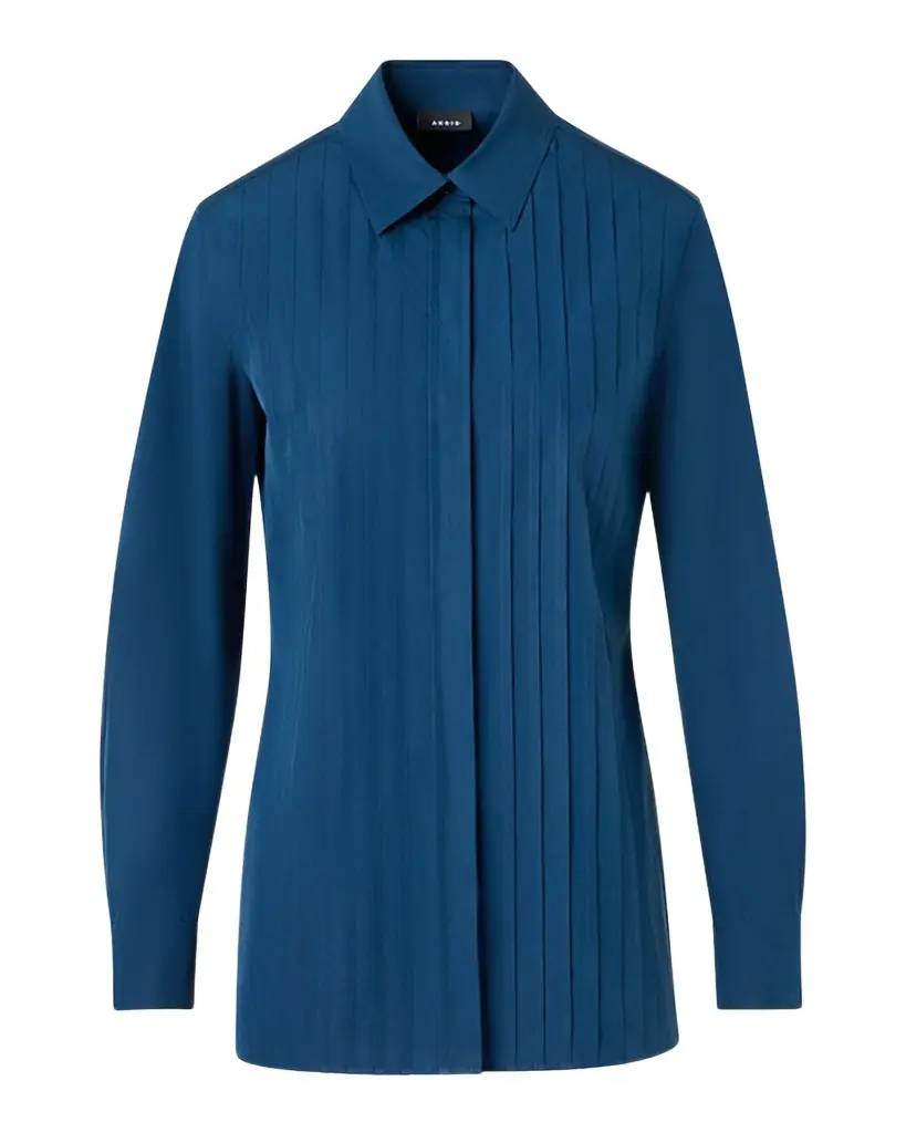 Akris Pleated Front Cotton Poplin Button-Down Shirt