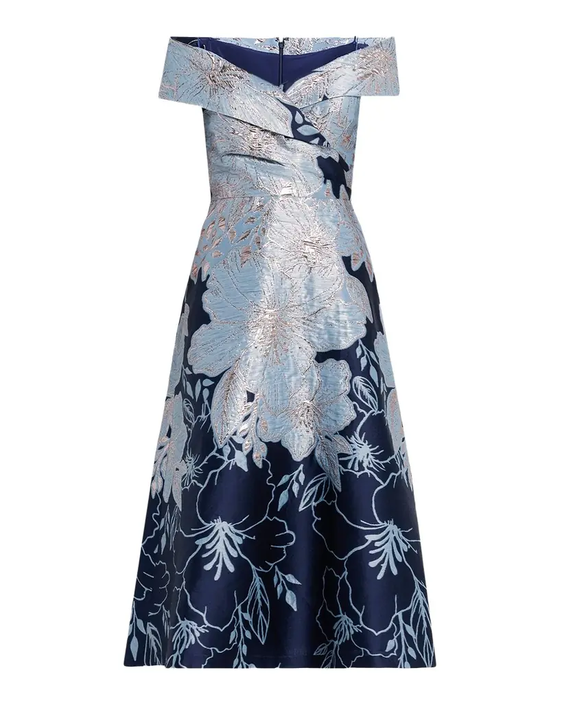Rickie Freeman for Teri Jon Off-Shoulder Metallic Jacquard Midi Dress