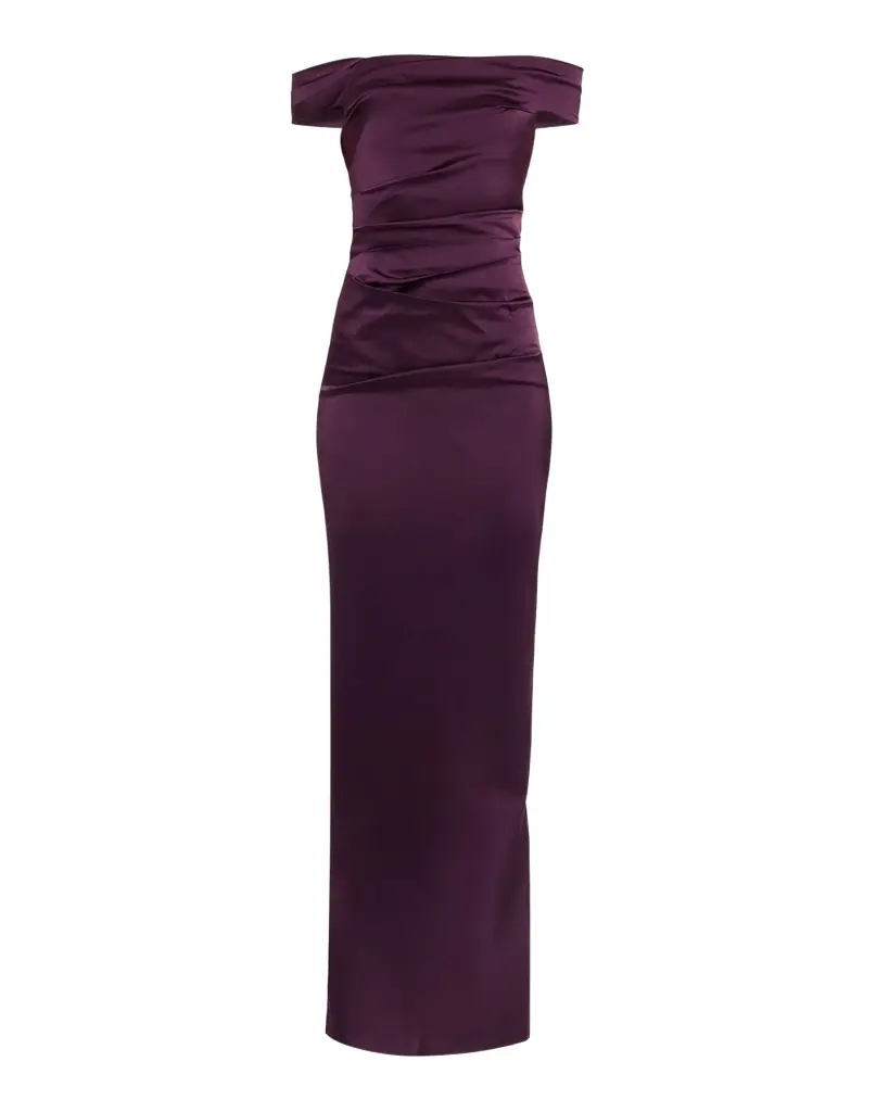 Rickie Freeman for Teri Jon Off-Shoulder Satin Column Gown