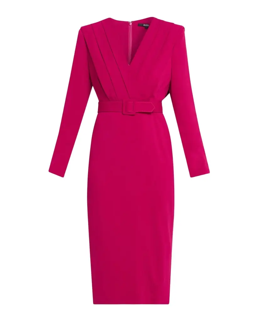 Badgley Mischka Stretch Crepe Belted V-Neck Midi-Dress