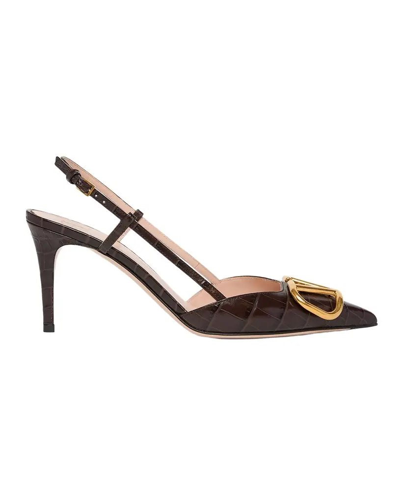 Valentino Garavani 80mm VLogo Signature Croc-Embossed Leather Slingback Pumps