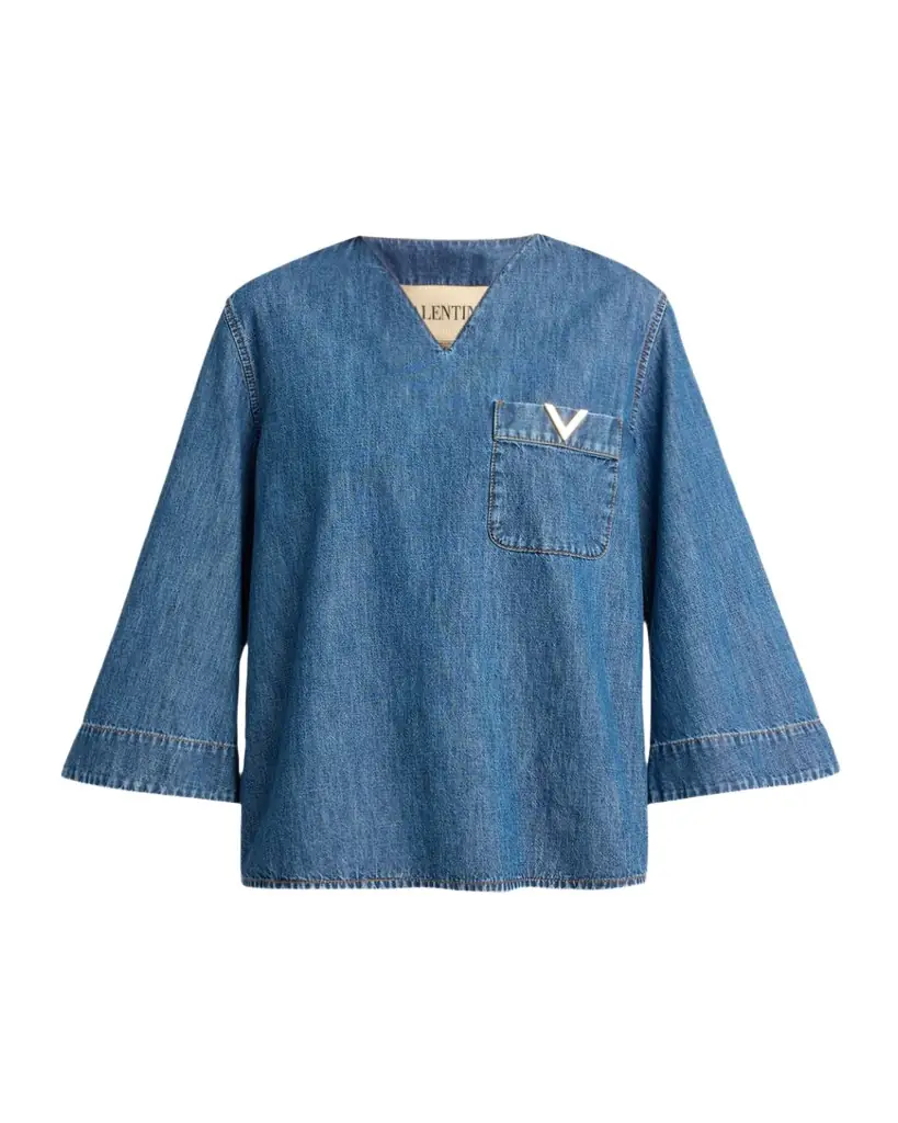 Valentino Garavani V-Logo Denim 3/4-Sleeve Shirt