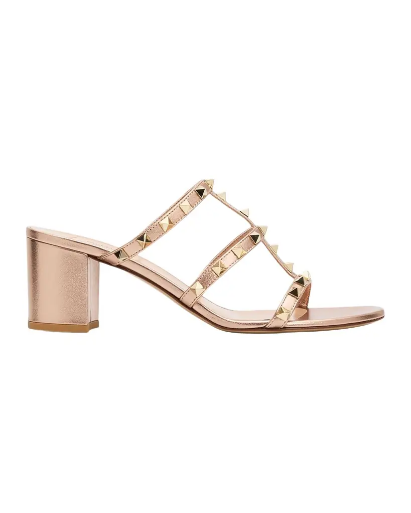 Valentino Garavani 60mm Rockstud Metallic Leather Caged Block-Heel Slide Sandals