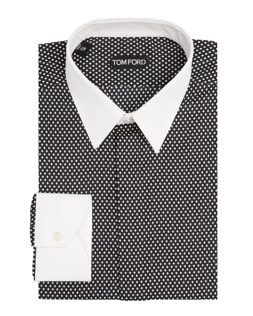 TOM FORD Men 's Cotton Diamond-Print Contrast Collar-Cuff Dress Shirt