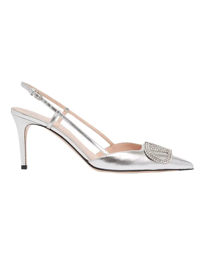Valentino Garavani 80mm VLogo Signature Strass Metallic Leather Slingback Pumps