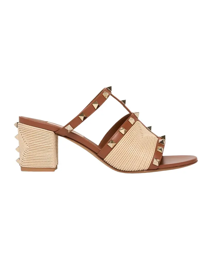Valentino Garavani 60mm Rockstud Raffia Block-Heel Slide Sandals - Women's Shoes